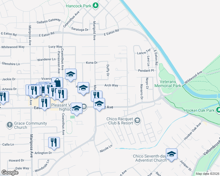 map of restaurants, bars, coffee shops, grocery stores, and more near 2 Cardiff Court in Chico