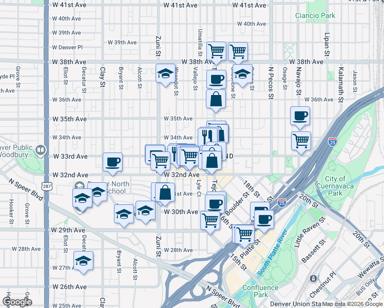 map of restaurants, bars, coffee shops, grocery stores, and more near 2223 West 33rd Avenue in Denver
