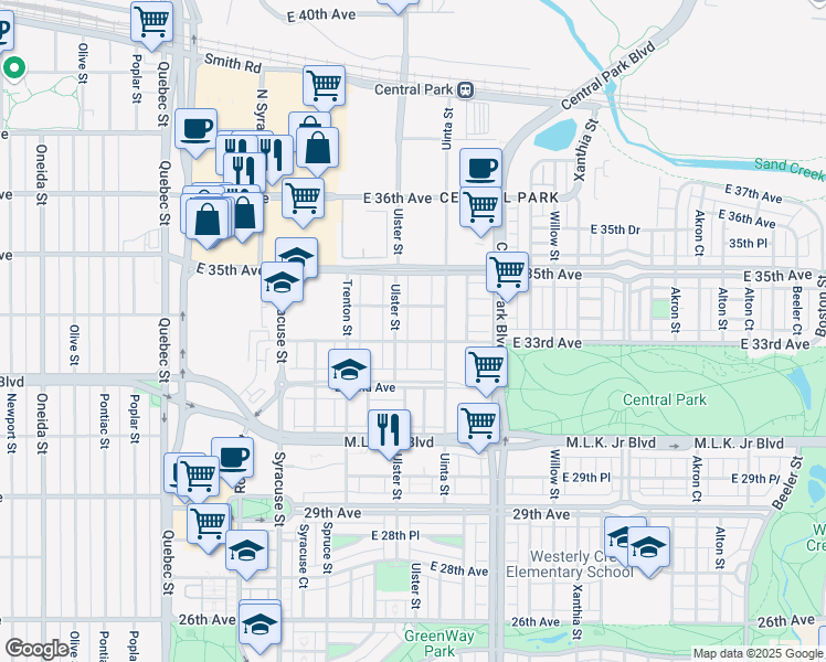 map of restaurants, bars, coffee shops, grocery stores, and more near 8145 East 34th Avenue in Denver