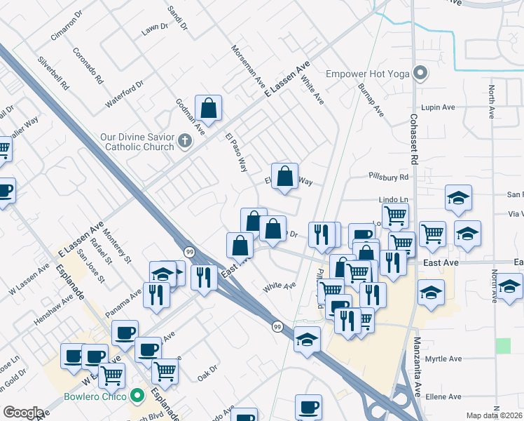 map of restaurants, bars, coffee shops, grocery stores, and more near 2 El Cerrito Drive in Chico