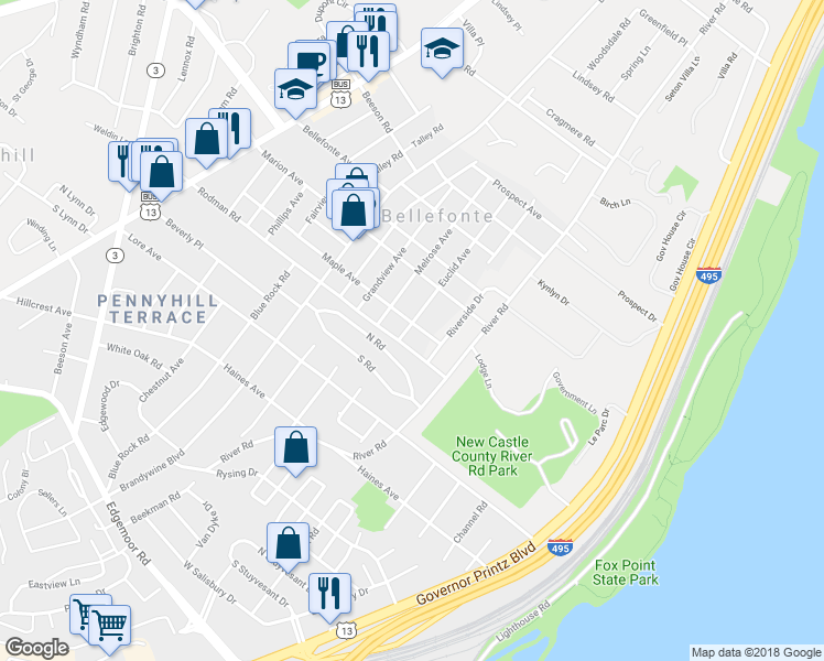 map of restaurants, bars, coffee shops, grocery stores, and more near 608 Euclid Avenue in Wilmington