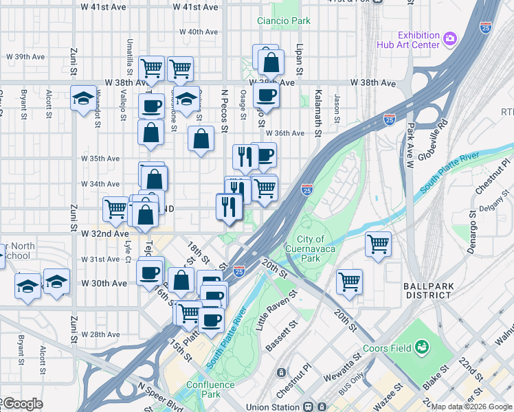 map of restaurants, bars, coffee shops, grocery stores, and more near 3301 Navajo Street in Denver