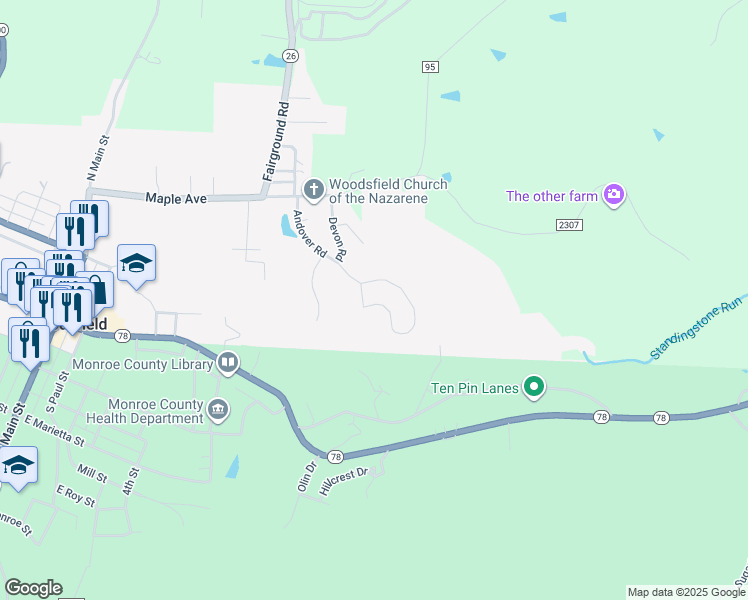 map of restaurants, bars, coffee shops, grocery stores, and more near 177 Andover Road in Woodsfield