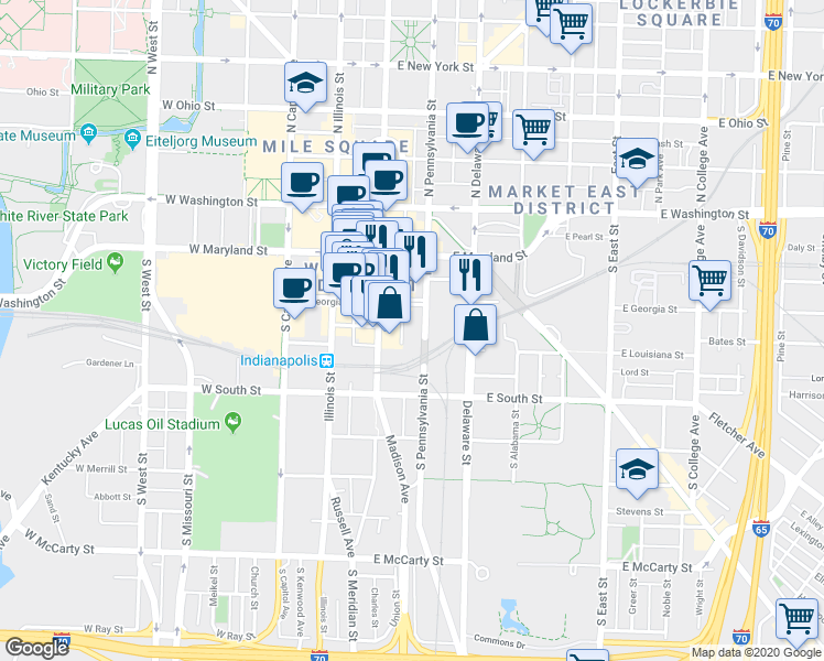 map of restaurants, bars, coffee shops, grocery stores, and more near 238 S Pennsylvania St in Indianapolis