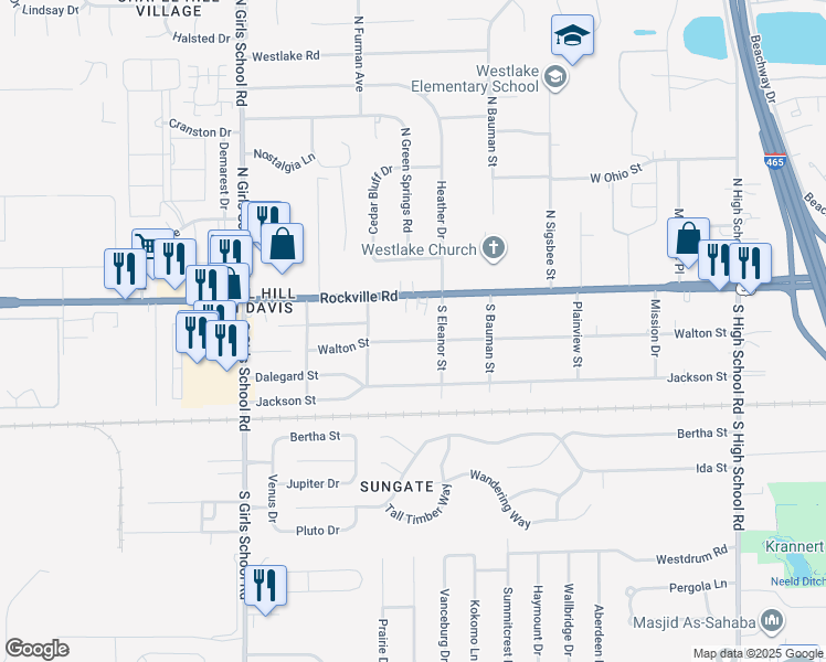 map of restaurants, bars, coffee shops, grocery stores, and more near 6814 Walton Street in Indianapolis