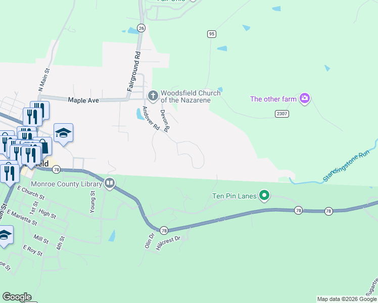 map of restaurants, bars, coffee shops, grocery stores, and more near 177 Andover Road in Woodsfield