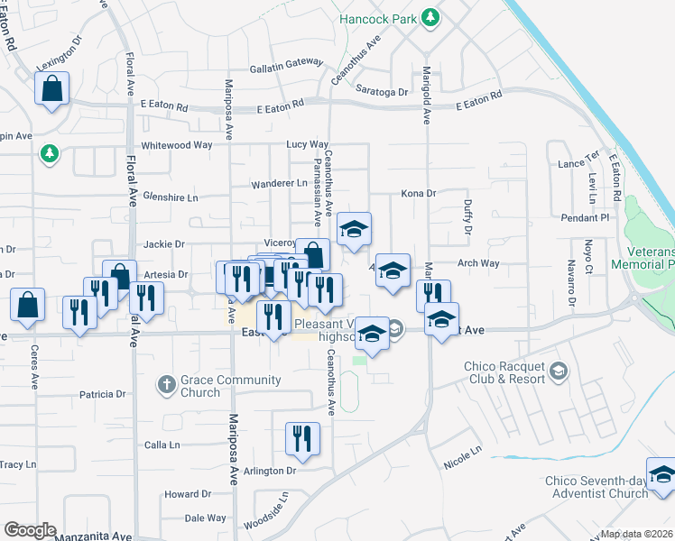 map of restaurants, bars, coffee shops, grocery stores, and more near 2620 Ceanothus Avenue in Chico