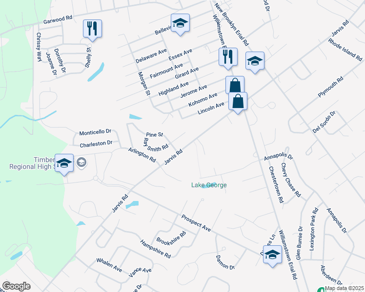 map of restaurants, bars, coffee shops, grocery stores, and more near 721 Jarvis Road in Sicklerville