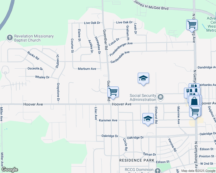 map of restaurants, bars, coffee shops, grocery stores, and more near 1137 Guenther Road in Dayton