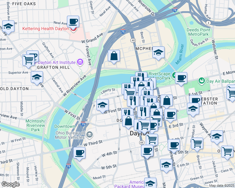 map of restaurants, bars, coffee shops, grocery stores, and more near 307 North Wilkinson Street in Dayton