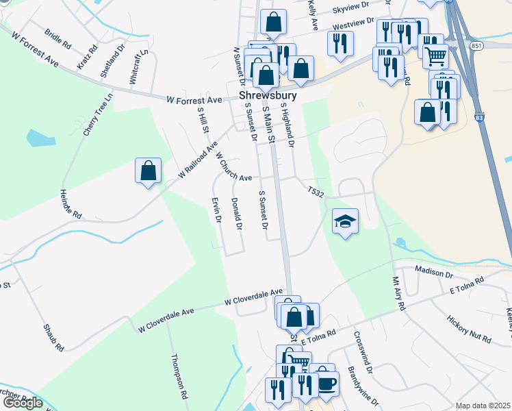 map of restaurants, bars, coffee shops, grocery stores, and more near 208 S Sunset Dr in Shrewsbury