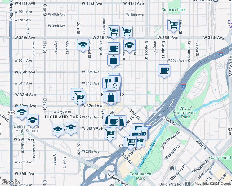 map of restaurants, bars, coffee shops, grocery stores, and more near in Denver