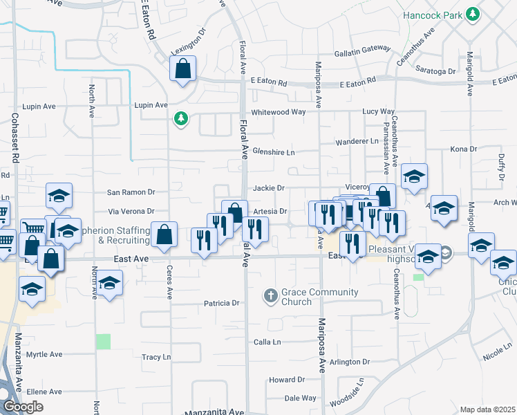 map of restaurants, bars, coffee shops, grocery stores, and more near 73 Artesia Dr in Chico