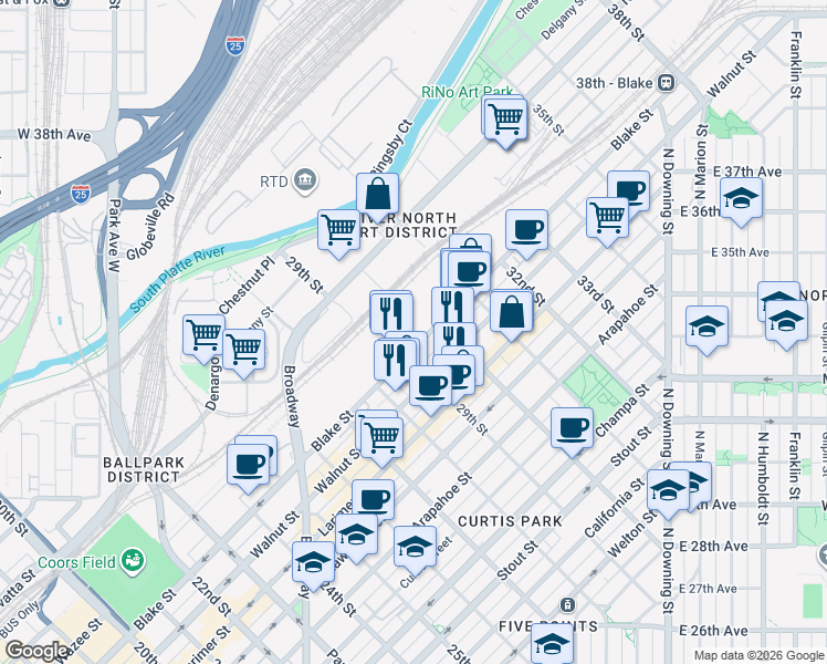map of restaurants, bars, coffee shops, grocery stores, and more near 2901 Blake Street in Denver
