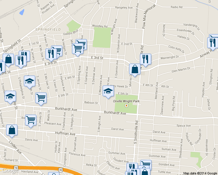 map of restaurants, bars, coffee shops, grocery stores, and more near 138 S Wright Ave in Dayton