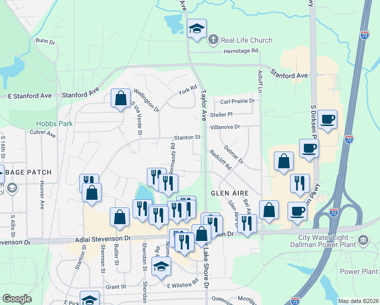 map of restaurants, bars, coffee shops, grocery stores, and more near 2852 Stanton Street in Springfield