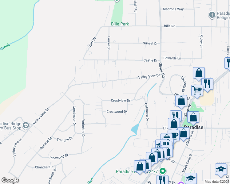 map of restaurants, bars, coffee shops, grocery stores, and more near 5932 Larissa Lane in Paradise