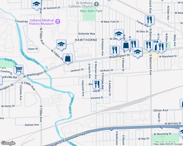 map of restaurants, bars, coffee shops, grocery stores, and more near 116 South Harris Avenue in Indianapolis