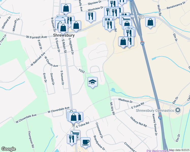 map of restaurants, bars, coffee shops, grocery stores, and more near 16554 Kennedy Circle in Shrewsbury