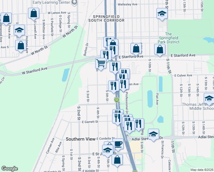 map of restaurants, bars, coffee shops, grocery stores, and more near 2908 South 5th Street in Southern View