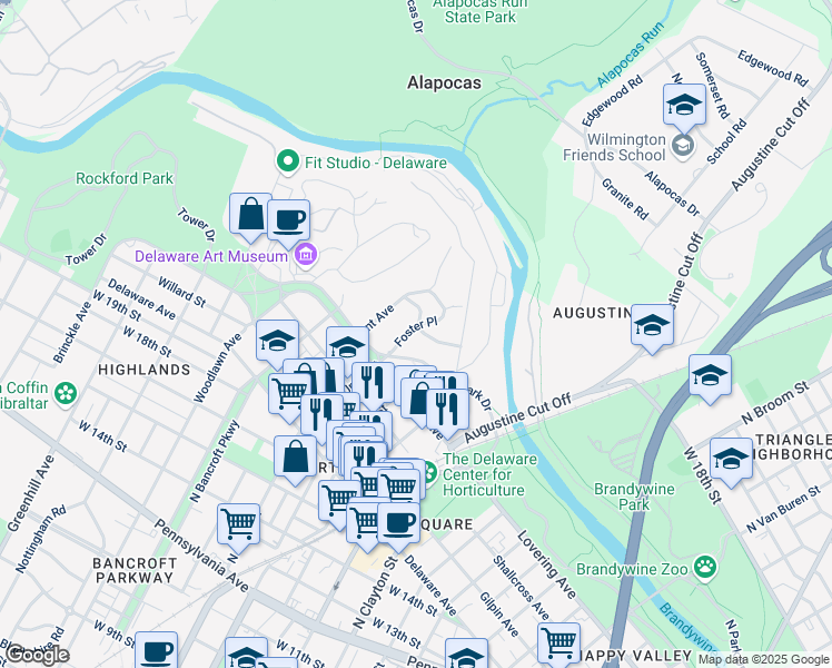 map of restaurants, bars, coffee shops, grocery stores, and more near 1908 Field Road in Wilmington