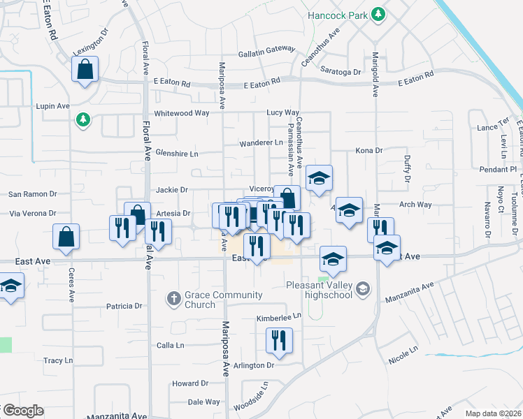 map of restaurants, bars, coffee shops, grocery stores, and more near 22 Lacewing Court in Chico
