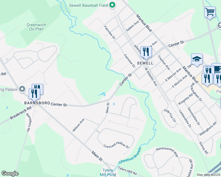 map of restaurants, bars, coffee shops, grocery stores, and more near 320 Center Street in Gloucester County