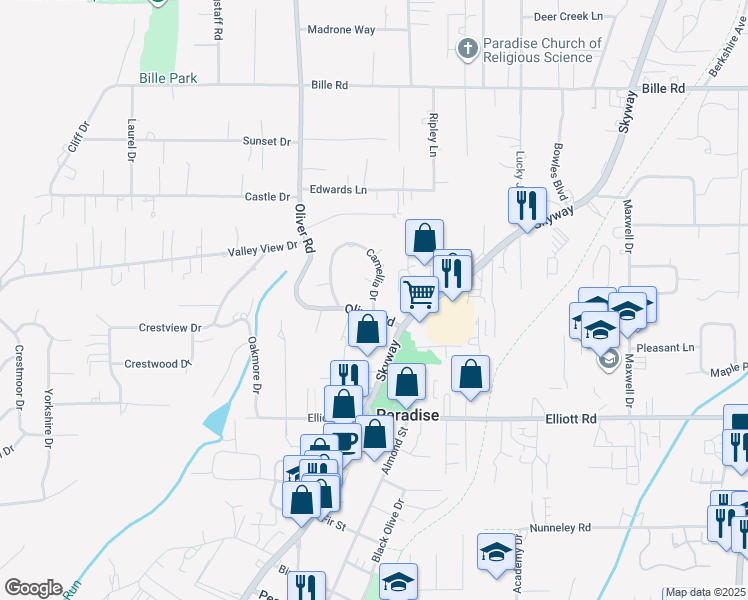 map of restaurants, bars, coffee shops, grocery stores, and more near 817 Camellia Drive in Paradise