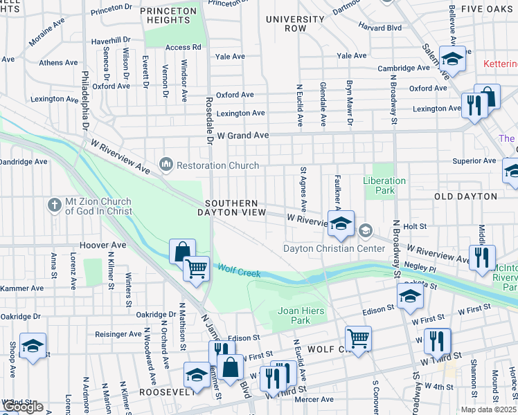 map of restaurants, bars, coffee shops, grocery stores, and more near 1909 W Riverview Ave in Dayton