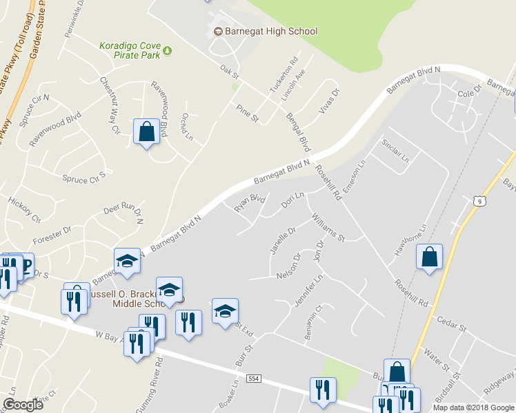 map of restaurants, bars, coffee shops, grocery stores, and more near 118 Alexander Drive in Barnegat Township