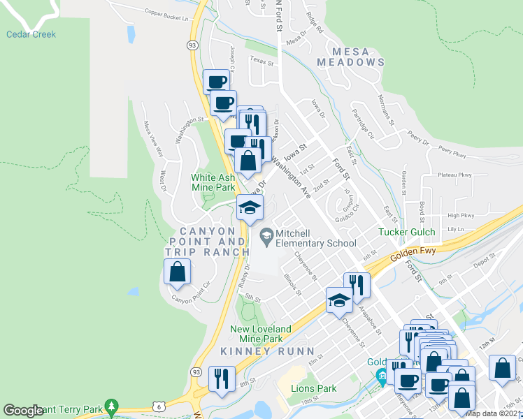 map of restaurants, bars, coffee shops, grocery stores, and more near 1003 Golden Park Drive in Golden