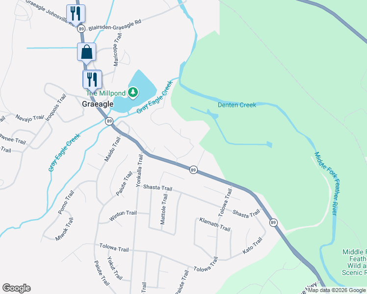 map of restaurants, bars, coffee shops, grocery stores, and more near Graeagle Meadows Road in Graeagle