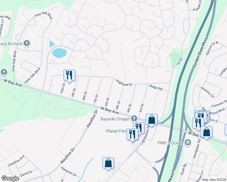map of restaurants, bars, coffee shops, grocery stores, and more near 18 6th Street in Barnegat Township
