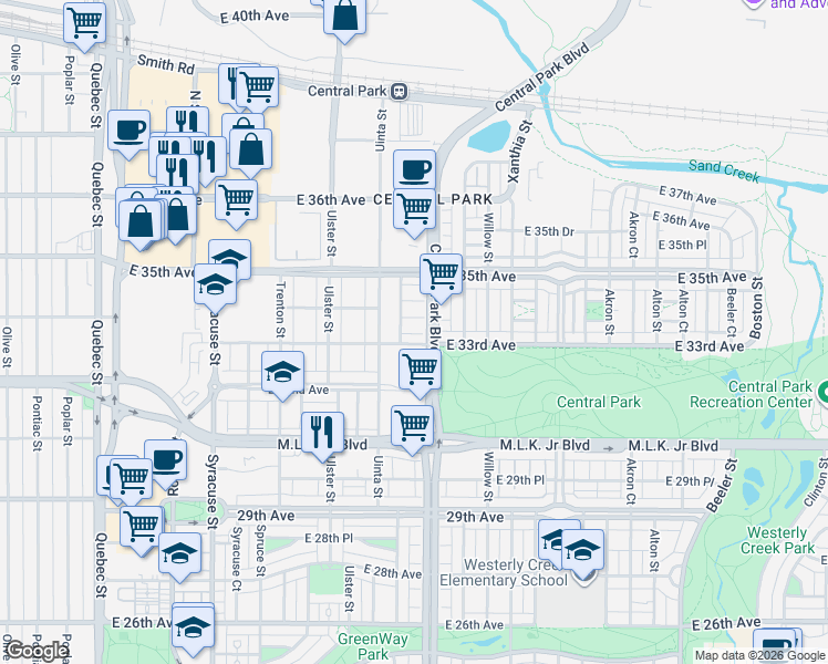 map of restaurants, bars, coffee shops, grocery stores, and more near 3302 Central Park Boulevard in Denver