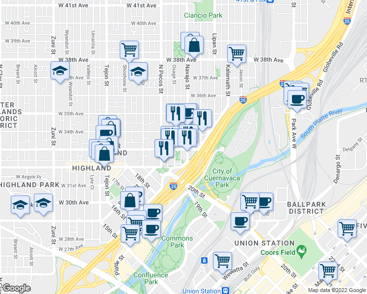 map of restaurants, bars, coffee shops, grocery stores, and more near 3315 Navajo Street in Denver