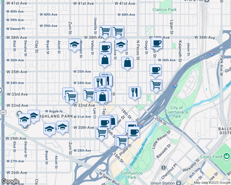 map of restaurants, bars, coffee shops, grocery stores, and more near 1839 West 33rd Avenue in Denver