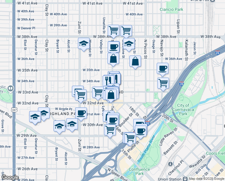 map of restaurants, bars, coffee shops, grocery stores, and more near in Denver