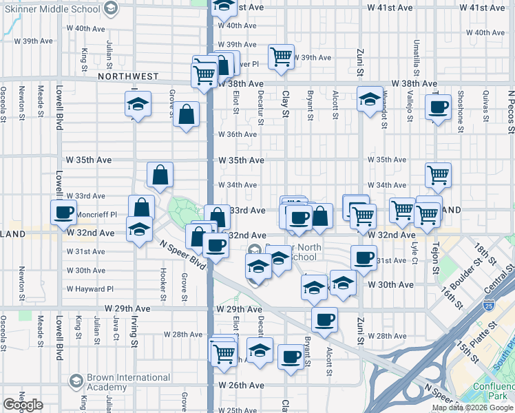 map of restaurants, bars, coffee shops, grocery stores, and more near in Denver