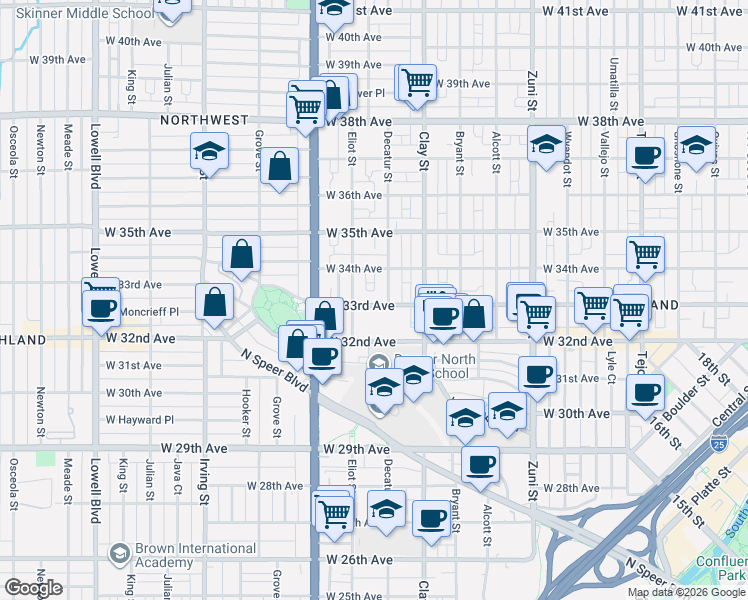 map of restaurants, bars, coffee shops, grocery stores, and more near in Denver