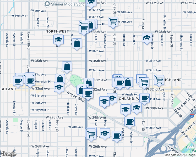 map of restaurants, bars, coffee shops, grocery stores, and more near 2917 West 33rd Avenue in Denver