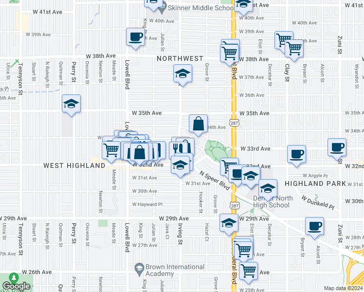 map of restaurants, bars, coffee shops, grocery stores, and more near 3257 Irving Street in Denver