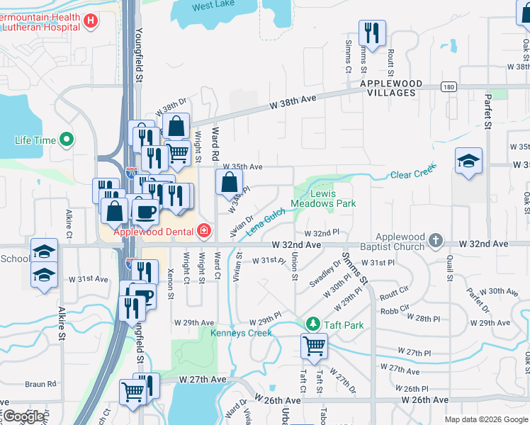 map of restaurants, bars, coffee shops, grocery stores, and more near 3352 Vivian Drive in Wheat Ridge