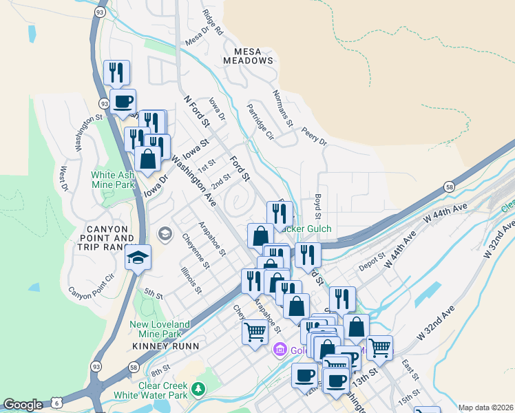 map of restaurants, bars, coffee shops, grocery stores, and more near 308 Goldco Circle in Golden