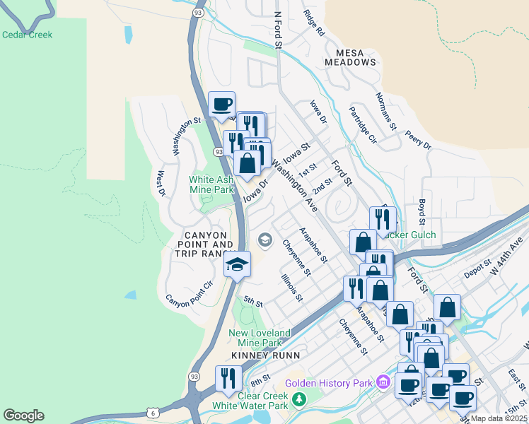 map of restaurants, bars, coffee shops, grocery stores, and more near 1003 Golden Park Drive in Golden