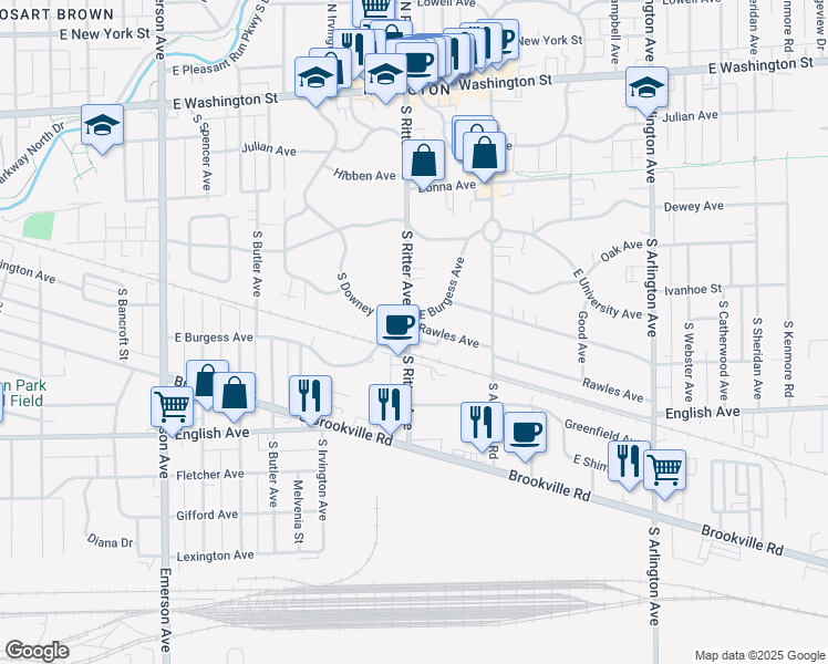 map of restaurants, bars, coffee shops, grocery stores, and more near 5508 Rawles Terrace in Indianapolis