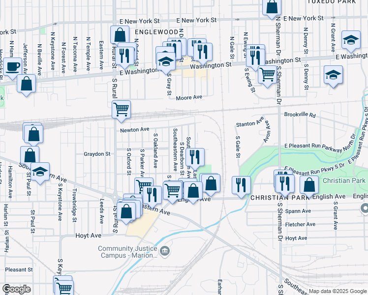map of restaurants, bars, coffee shops, grocery stores, and more near 265 South Dearborn Street in Indianapolis