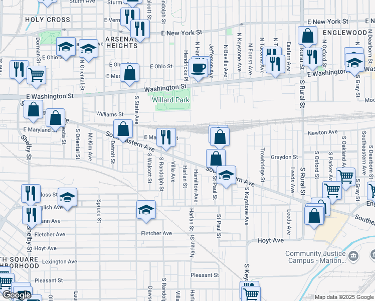 map of restaurants, bars, coffee shops, grocery stores, and more near 158 Harlan Street in Indianapolis