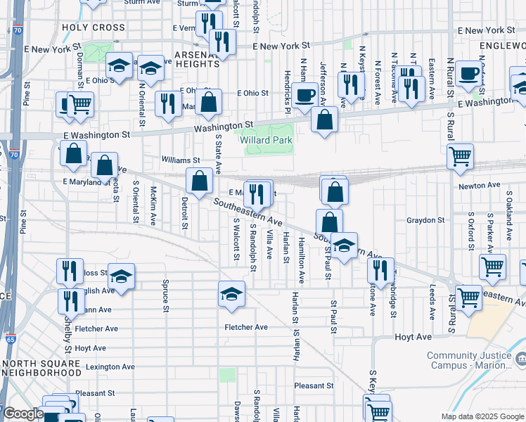 map of restaurants, bars, coffee shops, grocery stores, and more near 1904 Southeastern Avenue in Indianapolis