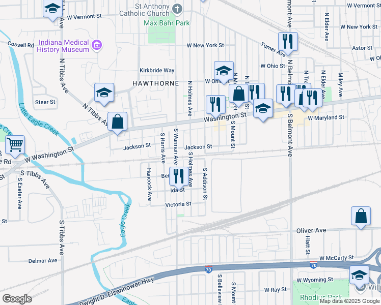 map of restaurants, bars, coffee shops, grocery stores, and more near 2625 Jackson Street in Indianapolis
