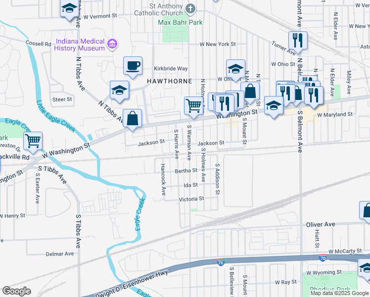 map of restaurants, bars, coffee shops, grocery stores, and more near 2731 Jackson Street in Indianapolis